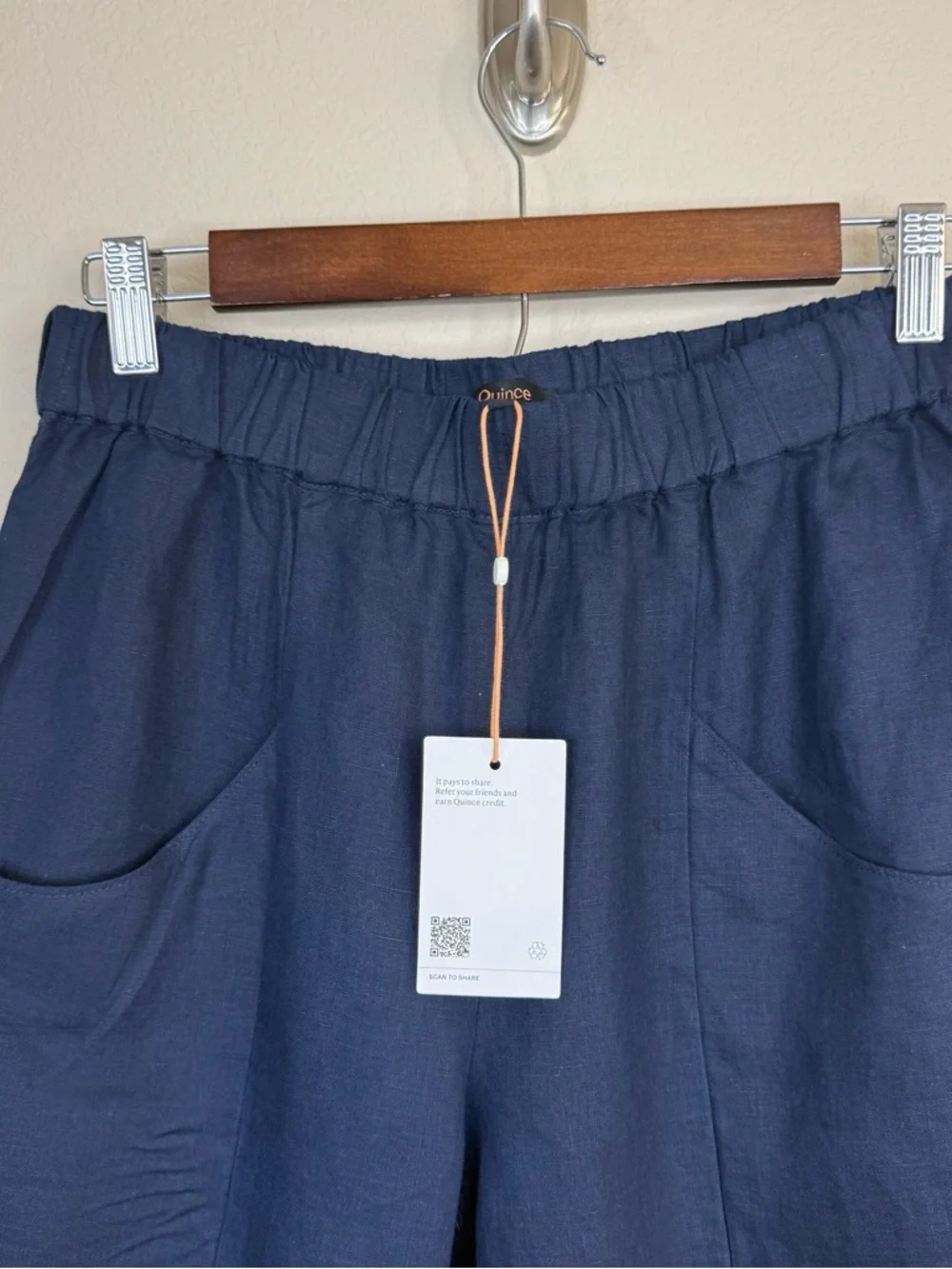 NWT QUINCE 100% European Linen Tapered Ankle Pants Elastic-Waist Deep Navy Sz S